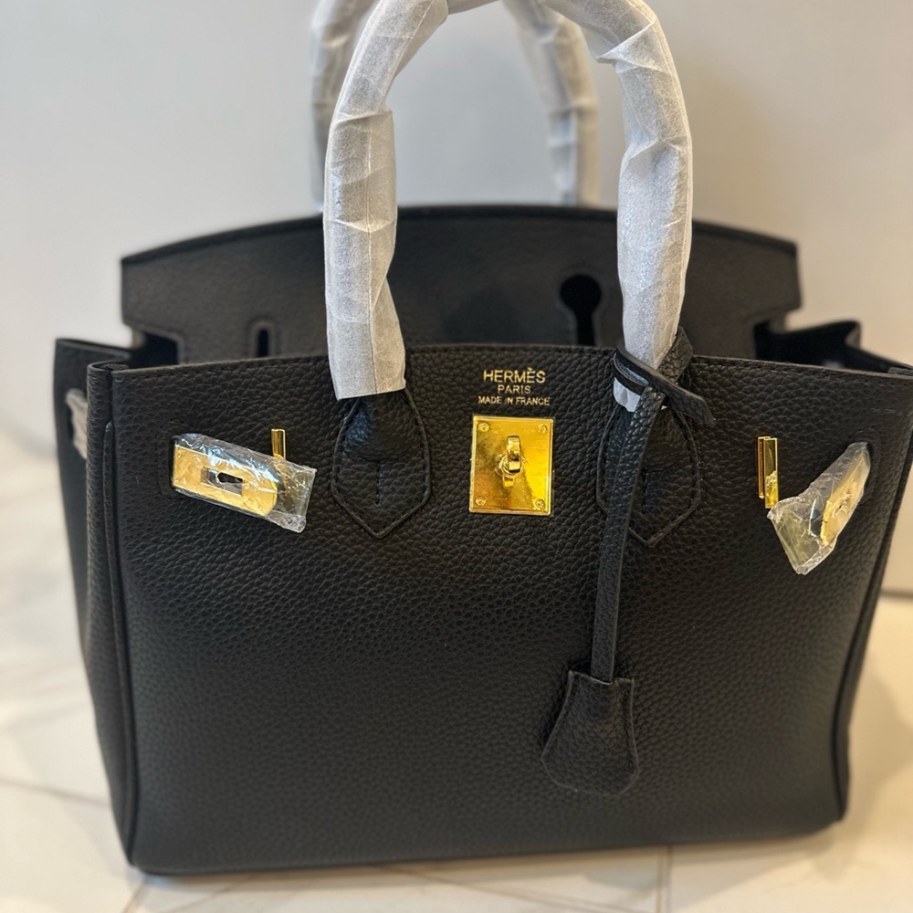 Black Faux Leather Handbag Gold Hardware